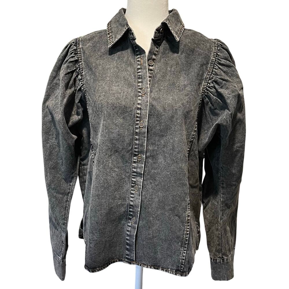 Promesa Acid Wash Shirt NWOT Sz S Button Up Cotton Puff Sleeves Gray Festival